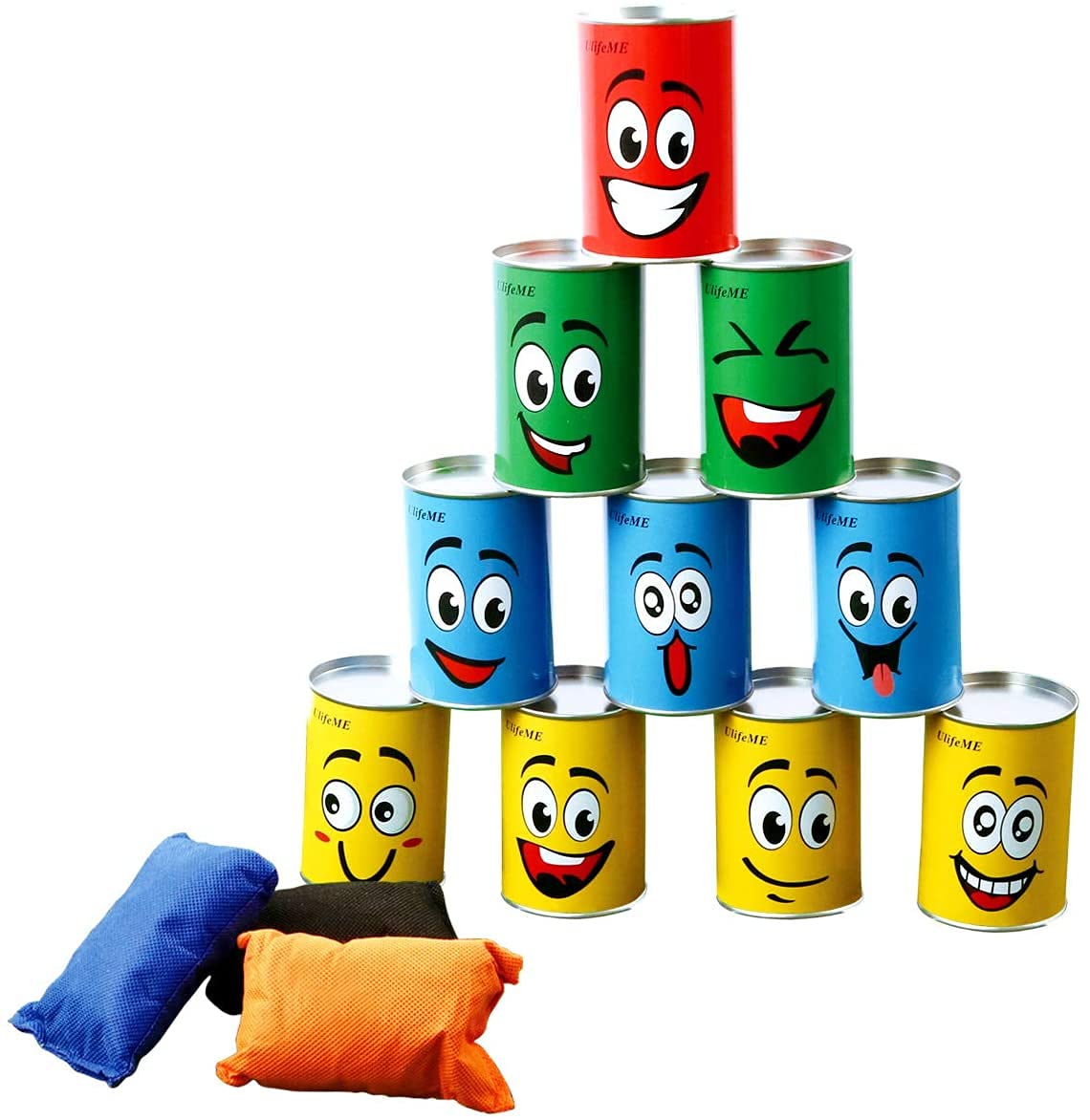 Ulifeme Tin Can Alley Game, Outdoor Garden Target Shooting Fairground Games for Kids & Children, Garden Party Toys Gift for Boys & Girls: 10pcs Fun Smile Knock Down Tin Cans and 3pcs Beanbags — image 1
