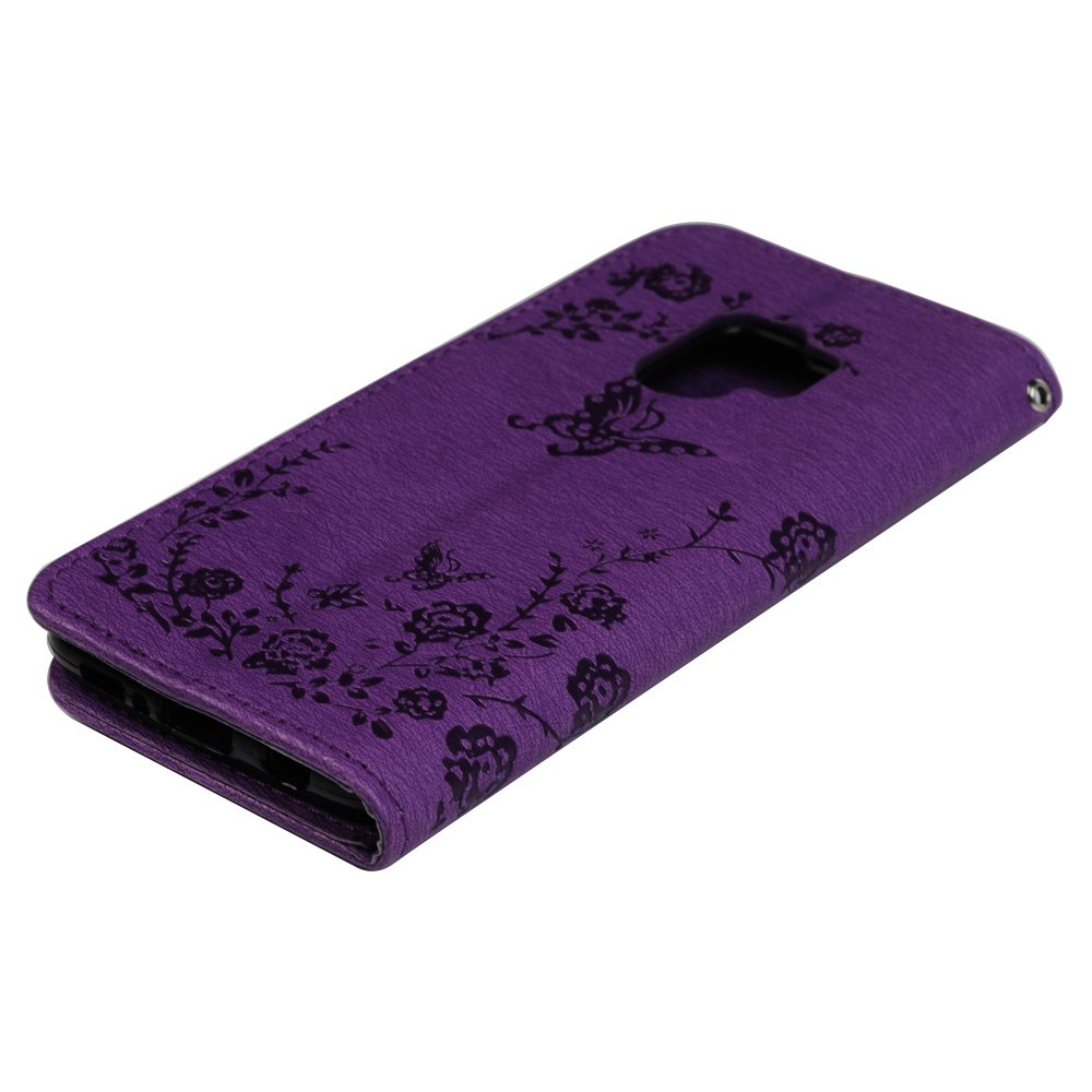 Maxfe.co for Samsung Galaxy S9 Case Shockproof Floral Butterfly PU Leather Wallet Flip Magnet Case Cover for Samsung Galaxy S9 with Card Slots Built-in Kickstand +Touch Pen Purple