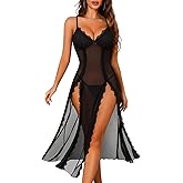 UMIPUBO Women's Sexy Lace Nightgown Mesh V Neck Long Lingerie Dress - Side Split Nightdress Sheer Exotic Sleepwear with Thong