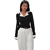SHENHE Women's Color Block Long Sleeve T Shirts Collar V Neck Fitted Going Out Tops Fall Outfits