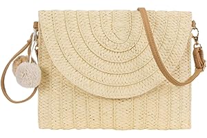Straw Shoulder Bag Straw Clutch Women Hand-woven PomPom Straw Crossbody Bag Summer Beach Envelope Purse Wallet
