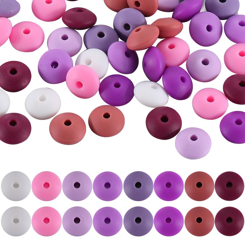 SUNNYCLUE 1 Box 96Pcs 12mm Purple Silicone Lentil Beads Bulk Abacus Rubber Beads Cute Abacus Shaped Flat Round Focal Soft Loose Spacer Bead for Keychain Pen Making Kit Beading Bracelets Craft Supplies