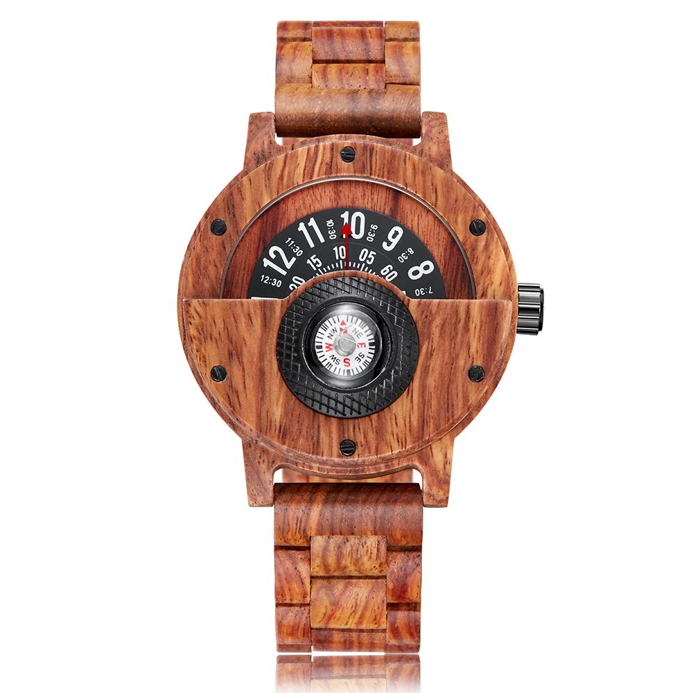 GORBEN Compass Turntable Men's Wooden Watch Lightweight Handmade Natural Wood Watches for Men Quartz Sports Watch Gift Box (# GORBEN-281)