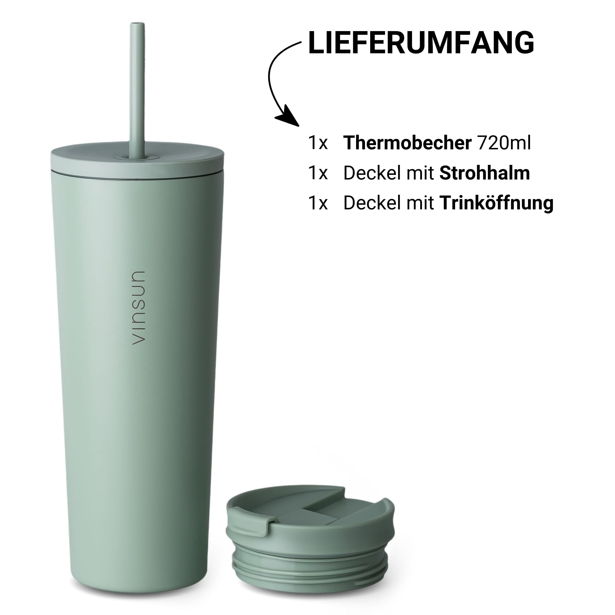VINSUN Thermobecher mit Strohhalm 720ml - Edelstahl, auslaufsicher, doppelwandig isoliert - Heiß & Kaltgetränke - Kaffee Trinkbecher mit zwei Deckeln für Reisen, Uni 3