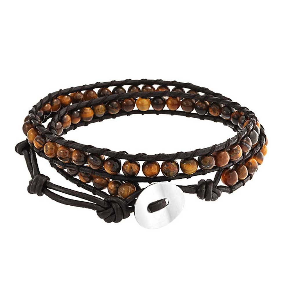 Bling Jewelry Boho Handmade Natural Genuine Stone Brown Tiger Eye Beaded Black Brown Leather Multi Strand Double Wrap Bracelet For Women For Men Adjustable