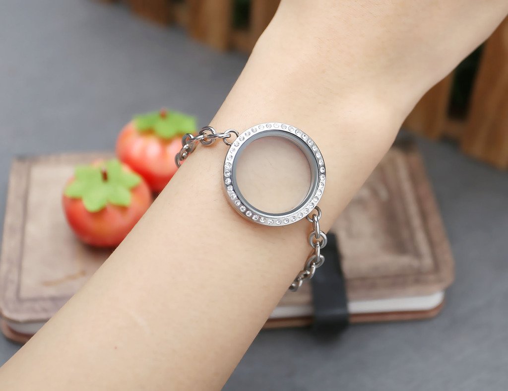 PiercingJ Womens Silver 316L Stainless Steel Crystal Gem Round Locket Pendant Floating Charm Wristband Link Bracelet 8\