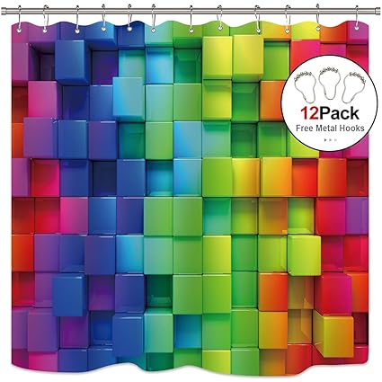 Cdcurtain 3d Geometric Plaid Shower Curtain Set Neon Rainbow