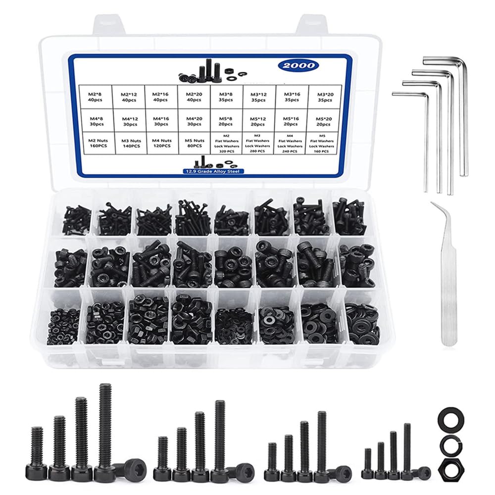 2000PCS Hex Socket Head Cap Screws Bolts and Nuts, M2 M3 M4 M5 Alloy Steel Metric Hexagon Socket Head Cap Screw Assortment Kit, Allen Socket Drive Cap Head Bolts with Lock & Flat Washers