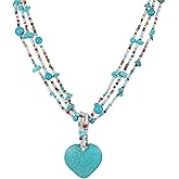 Elisheva Turquoise Stone Heart Pendant Necklace, Bohemian Multi-Strand Beads Necklace, Western Layered Multi-Color Turquoise Statement Necklace for Women.