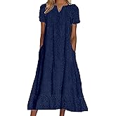 chouyatou Women Summer Ruffle Hem Floral Lace Eyelet Dress Casual Notch Neck Midi Tunic Dress with Pocket