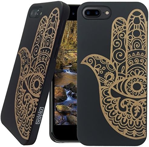 Wood iPhone Case - iPhone 8 PLUS - WDPKR Wooden Phone Cover - UNIQUE High Contrast Black Painted Maple Wood Bumper Accessory for Apple iPhone 8 PLUS (Hamsa Fatima Hand)