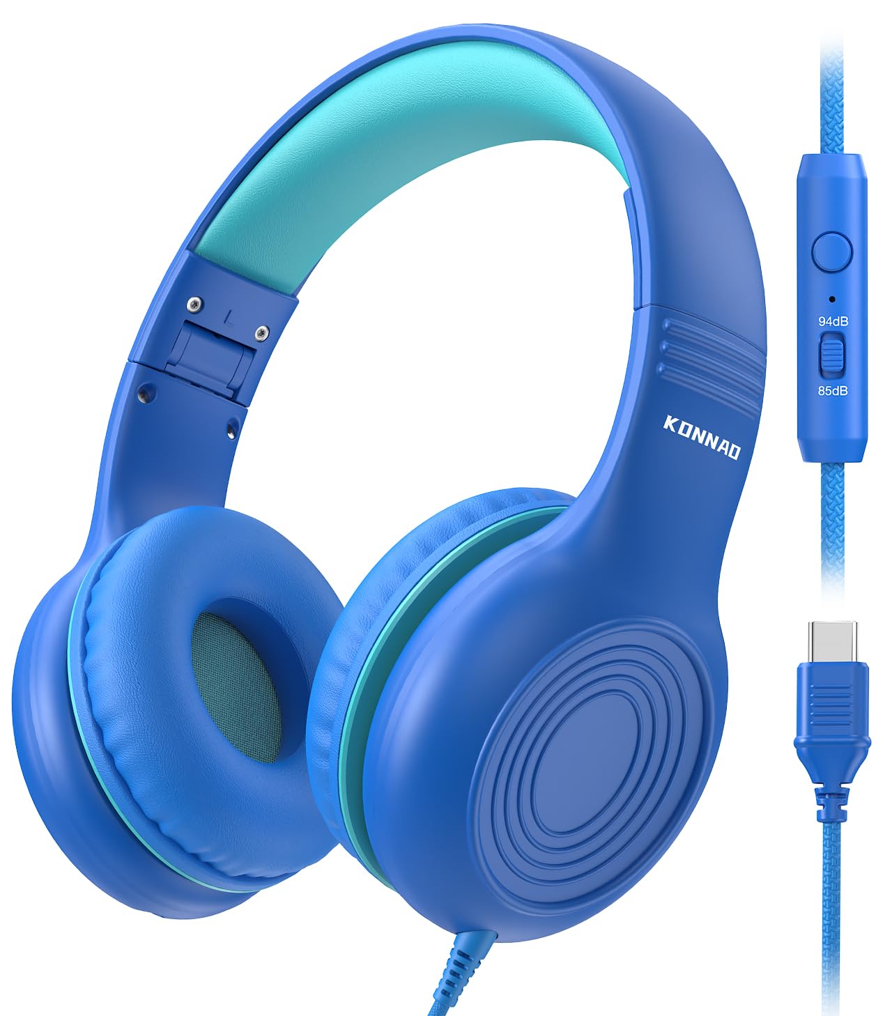 Photo 1 of KONNAO Upgrade USB Type C Kids Headphones, Wired Headphones for Kids with Microphone for Boys Girls, Adjustable 85dB/94dB Volume Limited (Navy/Blue)