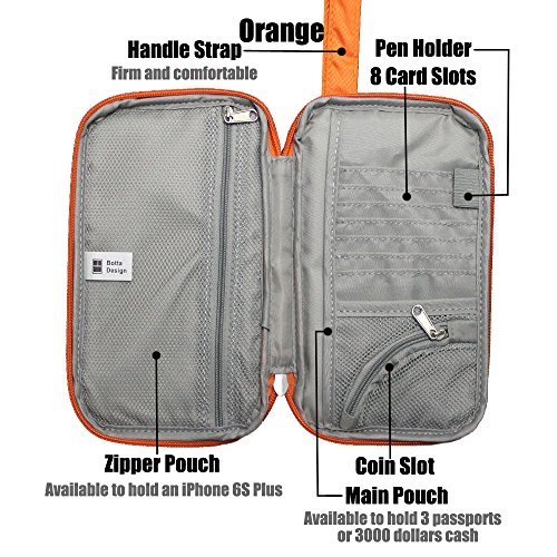 Passport Wallet Travel Pouch Cards Organizer Zipper Case Phone Cash Holder (Orange)