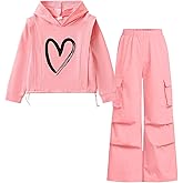 Tween Girls Clothes Hoodie Heart Print Top + Cargo Pants, Teen Girls Fall Clothing Set, Sizes 6-13 Years