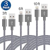 (3 Pack) Lightning cable, 3FT 6FT 10FT Durable Nylon Braided Universal Lightning to USB Sync and Charging Cable Wire for iPhone 7,iPhone 6,6s, 6 Plus,6s Plus, iPhone 5 5s 5c,SE, iPad Air, iPod (Gray)