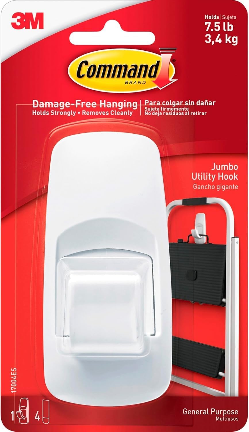 Command Jumbo Utility Hook White Pack of 1 Hook and 4 Adhesive Strips Holds Up