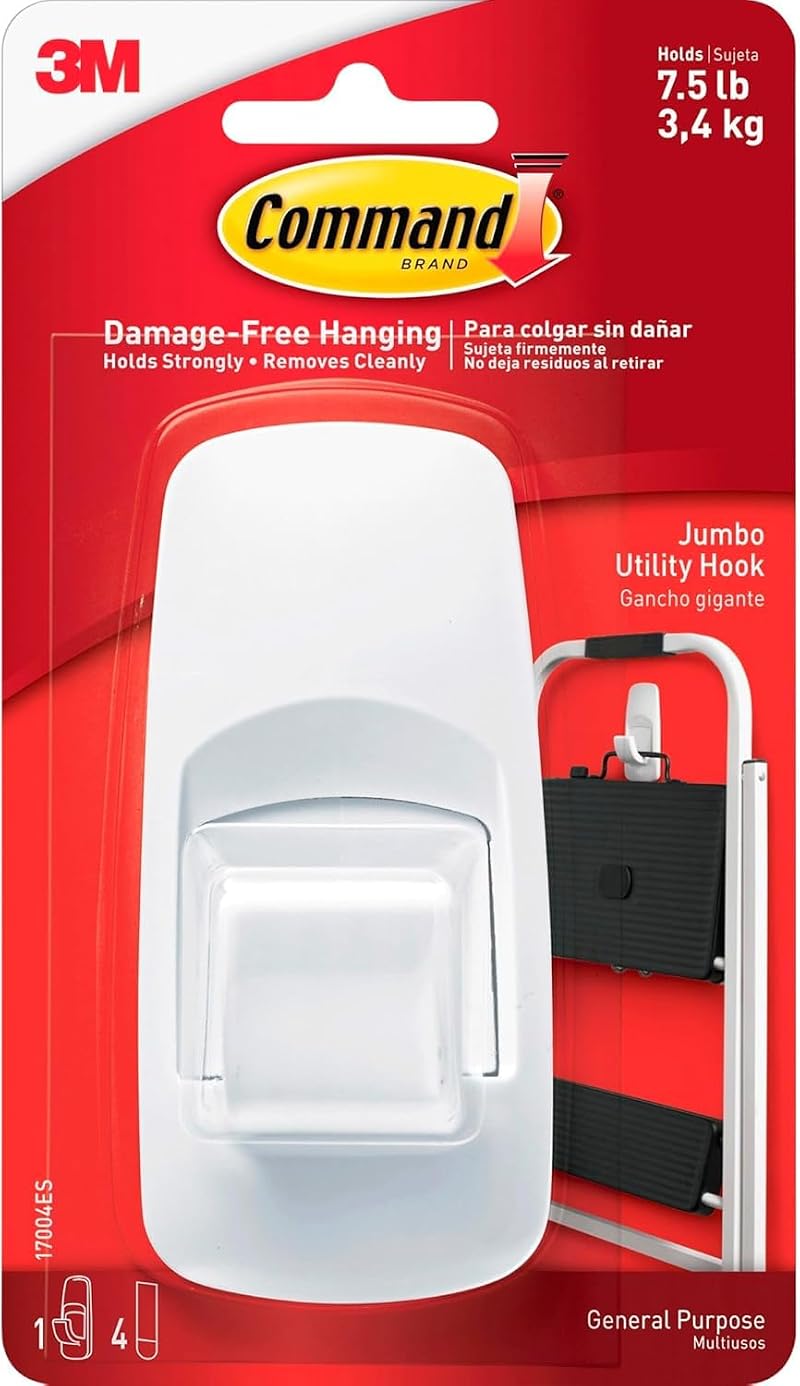 Command Jumbo Utility Hook White Pack of 1 Hook and 4 Adhesive Strips Holds Up