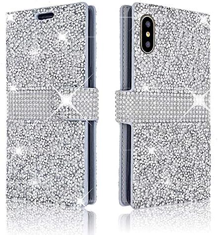 Glitter Flip Wallet Case for iPhone XR, Folio Kickstand with Wristlet Lanyard Shiny Sparkle Bling Luxury Cute Girl Women Card Slots Cover for Apple iPhoneXR (Silver)
