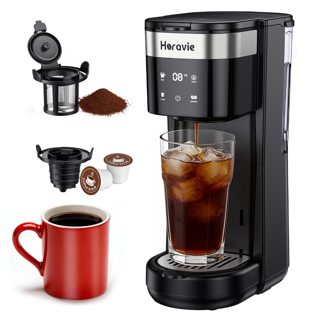 Photo 1 of All-in-1 Single Serve Coffee Maker, Fit 7.8" Travel Mug, Hot & Iced K Cup Coffee Machine with 5 Brew Sizes, One Cup Coffee Maker with Descaling and Low Water Alert, 30oz Removable Reservoir, Black