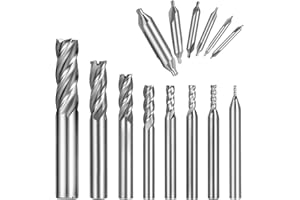 Qibaok 8PCS End Mill Bits, HSS CNC Cutter Drill Bits Straight 4 Flute Mill Bit Set + 6PCS Center Drill Bits, HSS Lathe Mill 60 Degrees Countersink Drill Bits for Wood, Aluminum, Steel, Titanium