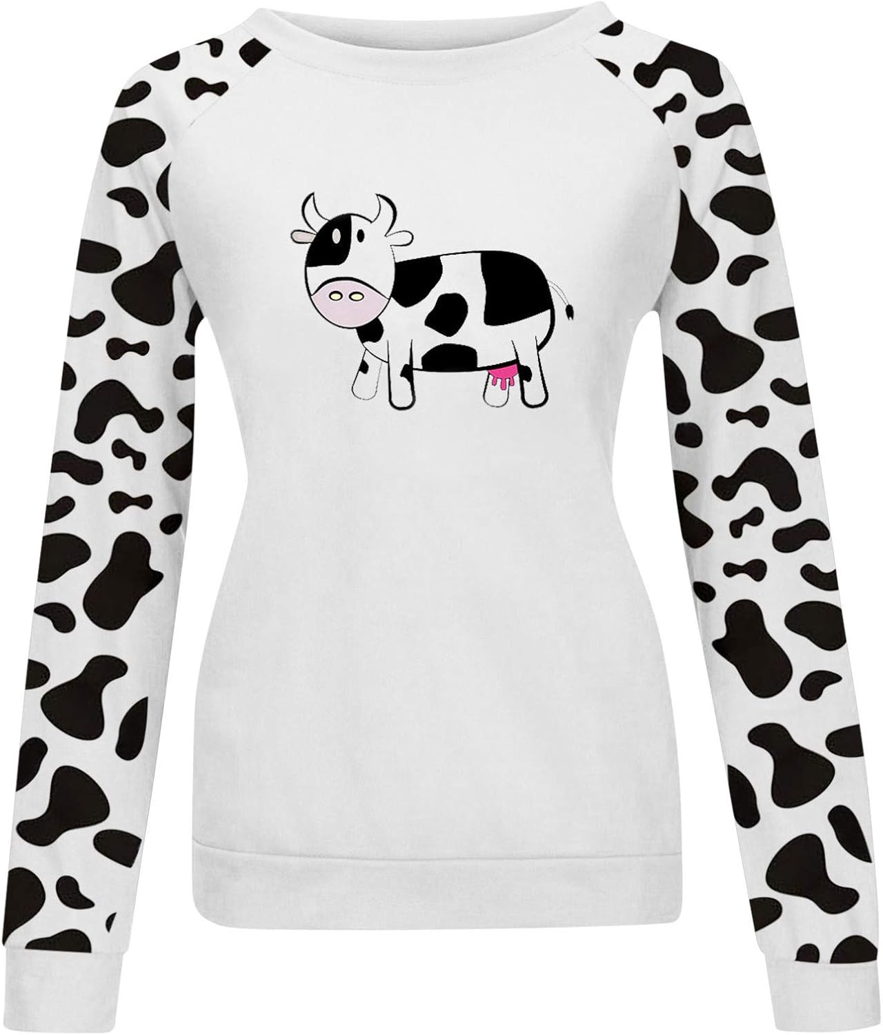 Women Cow Sweatshirt Pullover Crew Neck Color Block Long Sleeve Tops