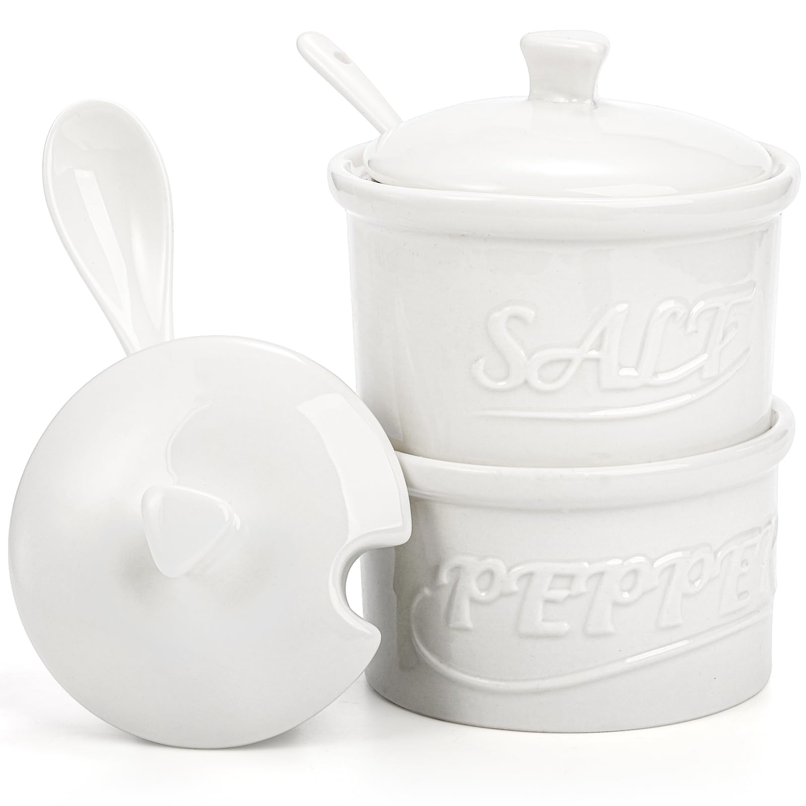 Hacaroa Set of 2 Ceramic Salt and Pepper Cellar with Lid and Spoon, 8.5 Oz Stackable Salt and Pepper Bowls, Vintage Kitchen Seasoning Box for Sea Salts, Sugar, White