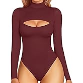 MANGOPOP Women's Mock Neck Cutout Front Bodysuit Long Sleeve Sleeveless Turtle Neck Body Suits Sexy Tops