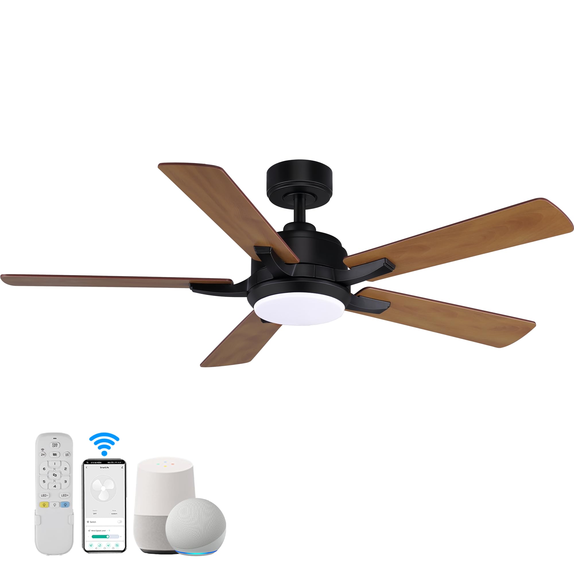 52” Smart Ceiling Fans with Lights and Remote,Quiet DC Motor,Outdoor Indoor Wood& Black Ceiling Fan,Voice Control via WIFI Alexa App,Modern Dimmable LED Ceiling Fan for Bedroom Patio Porch