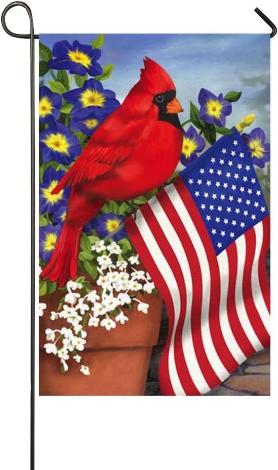 Small Mim American Pride Red Cardinals Purple Morning Glory Garden Flag Holiday Decoration Double Sided Flag 12.5" x 18"