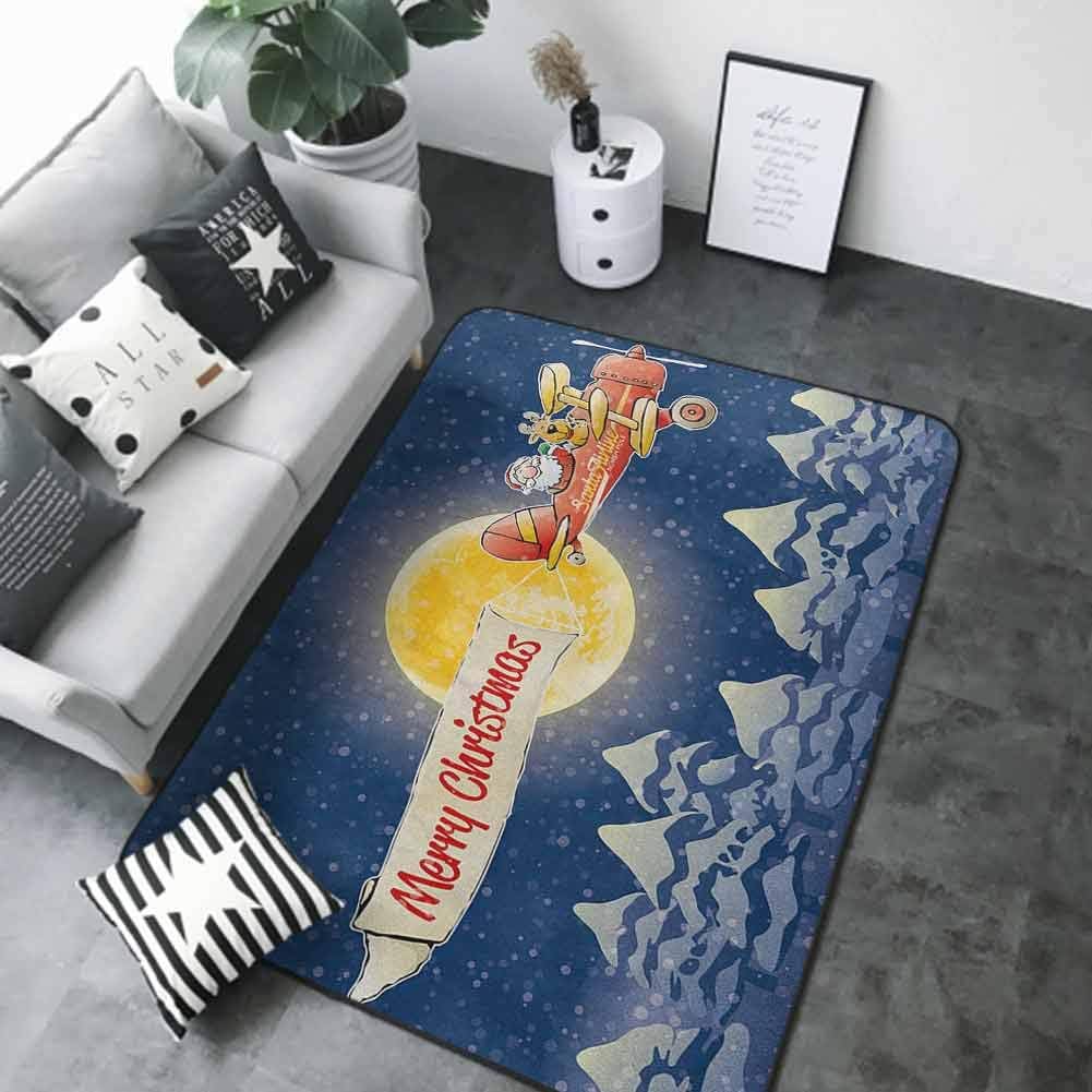 Bath Mat Set Kitchen Door Christmas,Santa Claus Airline Theme Vintage Plane Full Moon Snow Covered Trees, Dark Blue Marigold Red 64"x 96" American Floor mats