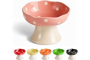 TRUNDISAN Mushroom Pink Ceramic Raised Cat Bowl, Tilted Elevated Cat Food and Water Dish for Indoor Cats, Anti-Vomit & Whisker Friendly l,Safe for Dishwasher, Release Neck Stress