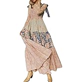 GUCURIN Women Floral Boho Sundress Tie Shoulder Smocked Patchwork Flowy Maxi Dresses with Pockets Summer Fall