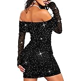 Kaei&Shi Sparkly Off Shoulder Dress,Mesh Long Sleeve Ruched Bodycon Corset Dresses Women,Sexy Birthday Outfit Club Going Out