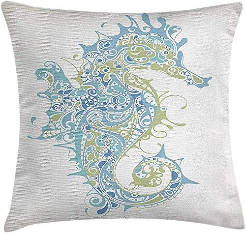 Animal Decor Throw Pillow Cushion Cover, Greek Art Textured Ancient Seahorse Idol of Spiritual Life Cycle Artwork, Decorative Square Accent Pillow Case,45x45cm, Light Blue Green