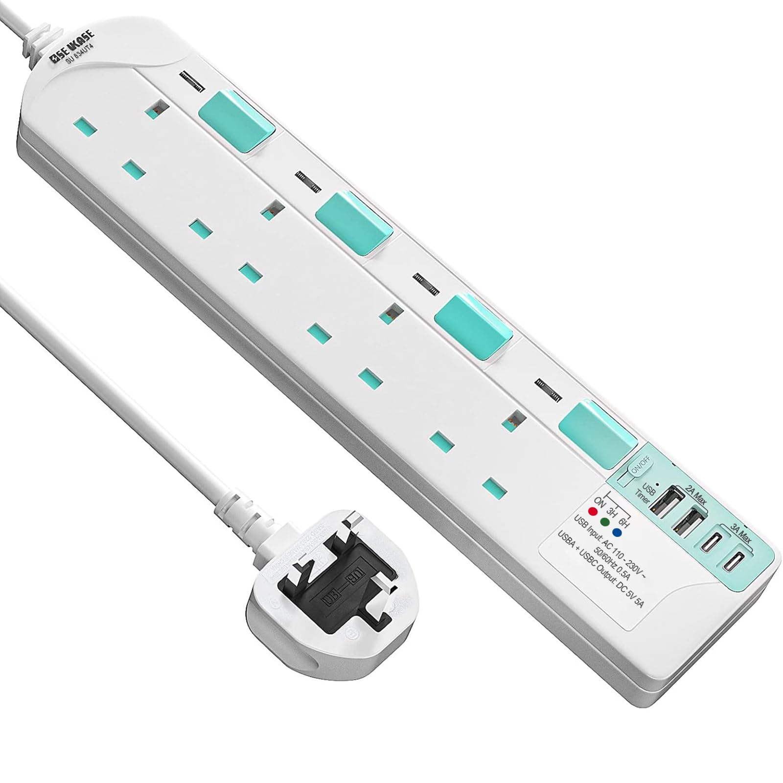 SE UKASE Extension Lead with USB Slots(5V/5A),USB Timer, 4 Way Plug Sockets with Individual Switches USB and Type C, Wall Mount Design with 2M Extension Cable 2990W