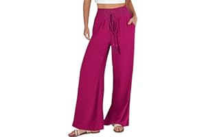 LEHOZIHEQ Women's Cotton Linen Palazzo Pants Summer Solid Trousers Elastic High Waist Wide Leg Pants with Pockets