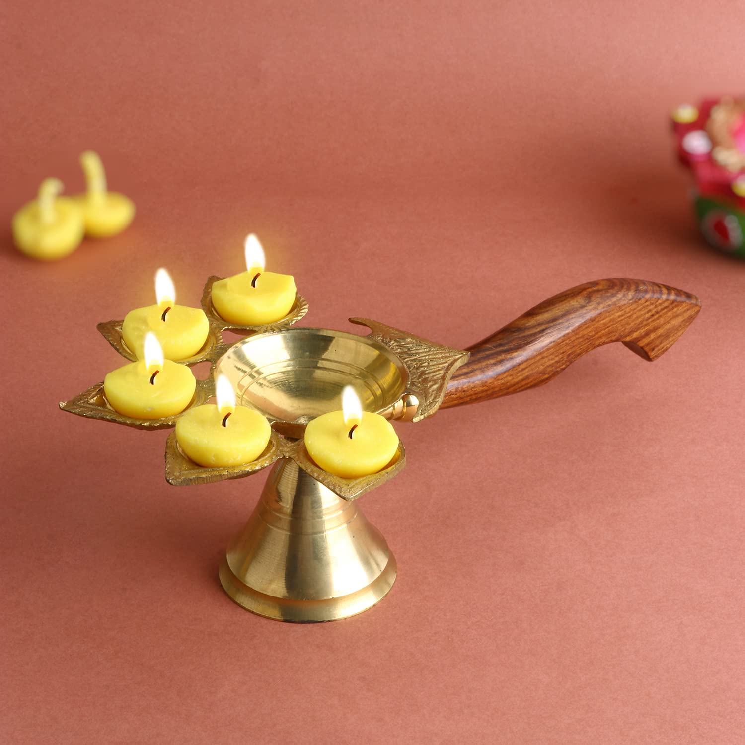 Photo 1 of Craftsman Brass Panch Aarti Diya with Wooden Handle Decoration Tea Light Holder Brass Jyot Dia Oil Lamp Handheld Puja Lamp Kutthu Vilakku for Home and Temple
