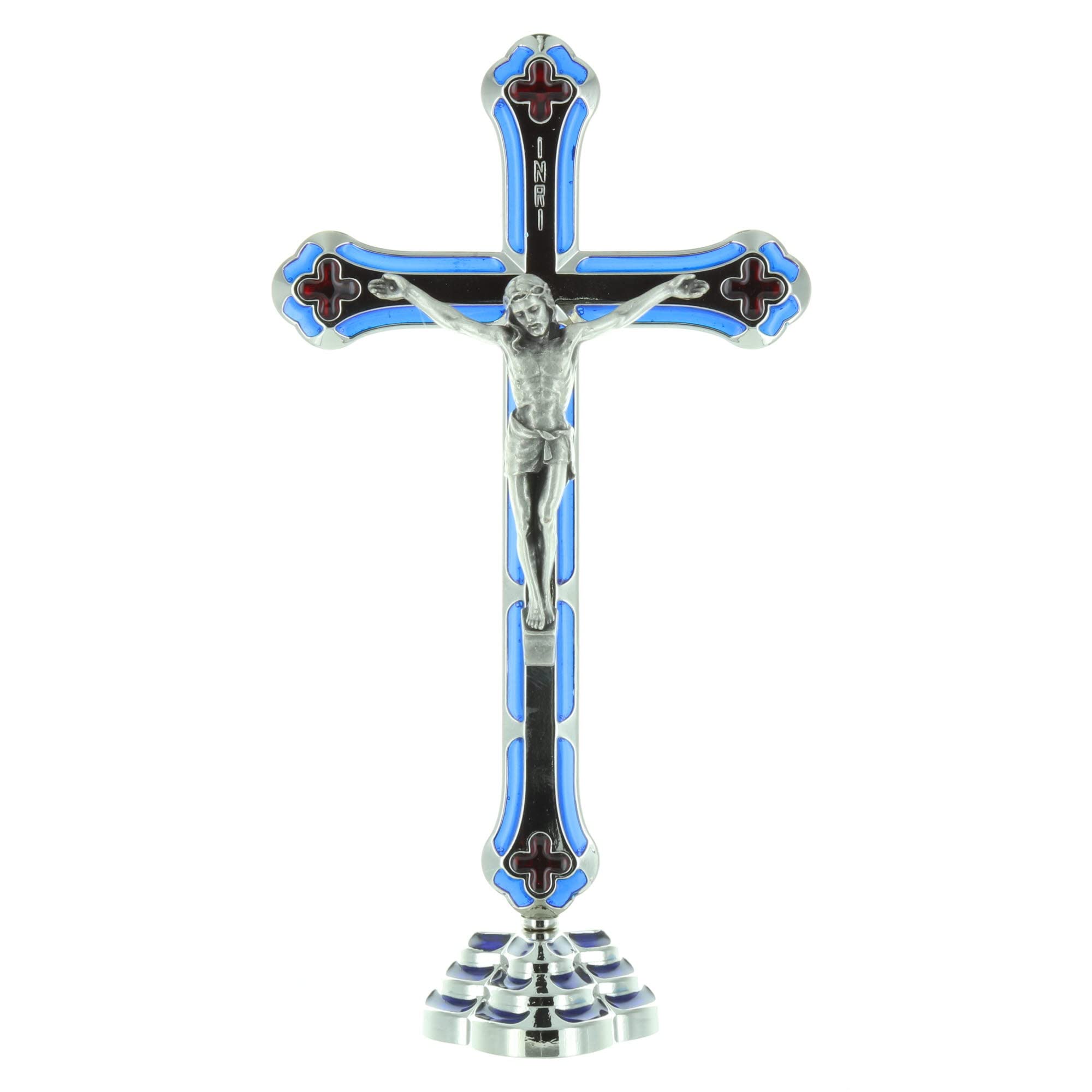 Catholic Gift Shop Silver Standing Metal Crucifix with Blue & Red Enamel (12420)