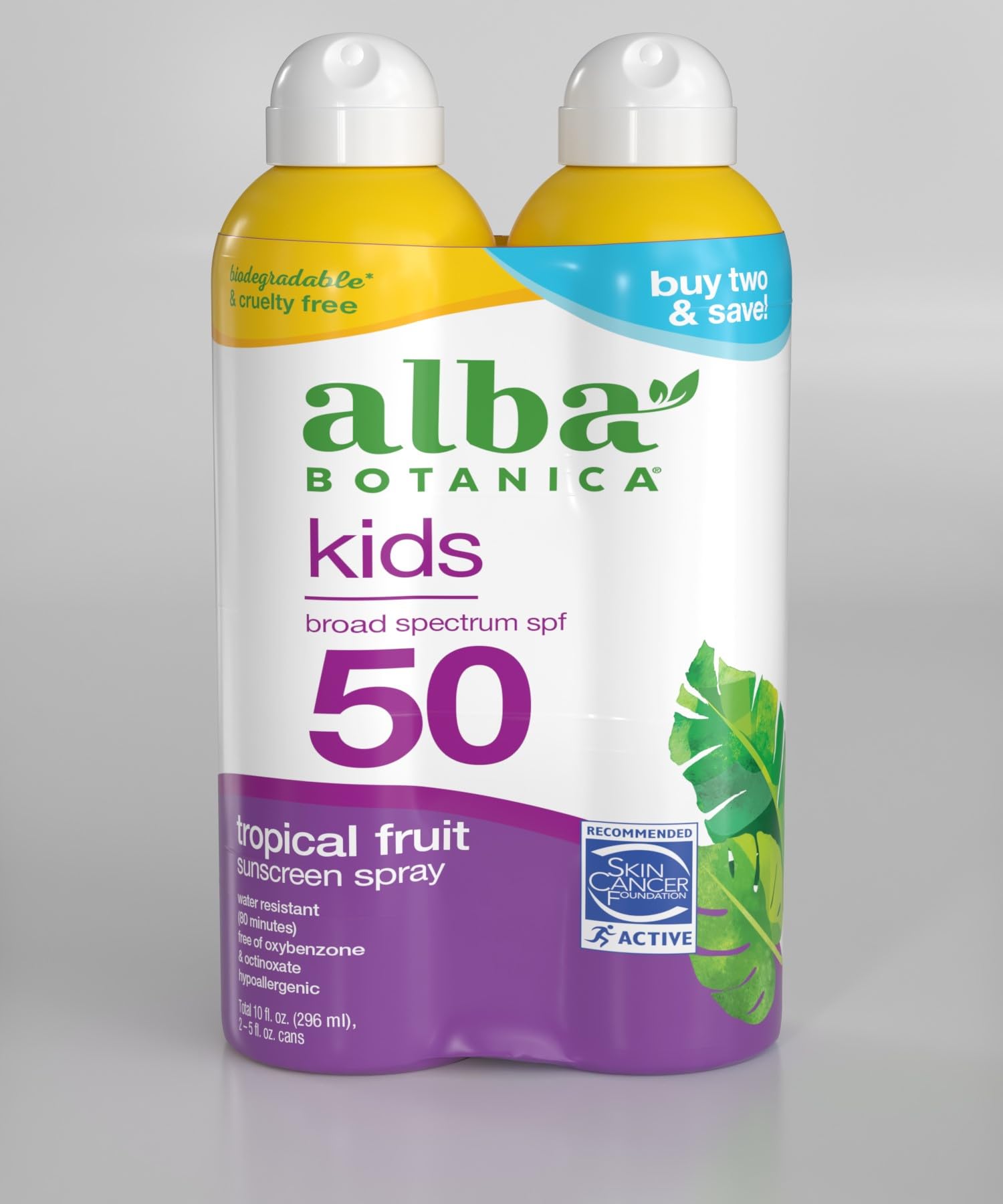 Photo 1 of Alba Botanica Kids Sunscreen Spray for Face and Body, Tropical Fruit, Broad Spectrum SPF 50, Water Resistant, 5 fl. oz. Bottle (Pack of 2)