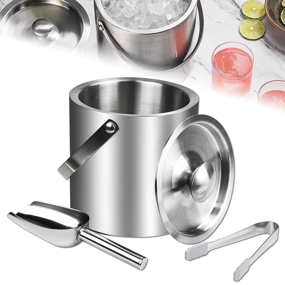 SCHYIDA Eiswürfelbehälter 2L, Eiswürfel Behältnis mit Deckel Eisbehälter Edelstahl 15.5cm * 15.2cm Eiskübel Metall Eiseimer mit Zange und Eisschaufel Eiskühler Weinkühler Sektkühler für Party, BBQ