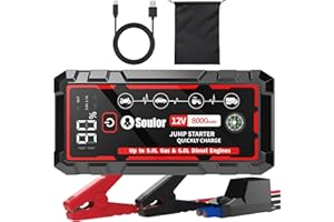 SOULOR 5000A Jump Starter Car Battery Jumper Starter Portable with Jumper Cable(Up tp 8.0L Gas and 6.0L Diesel Engines), Quick Charge Power Bank, 3 Modes Flashlight, Compass