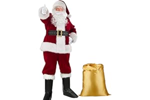 PrettyQueen Santa Claus Costume for Men,Professional Santa Suit Adults Men Christmas Santa Costume Deluxe 9 PCS Santa Outfit