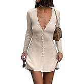 GCZREN Women Sexy Deep V Neck Button Front Knit Mini Dress Elegant Long Sleeve Ribbed Flowy Hem A-Line Short Dresses