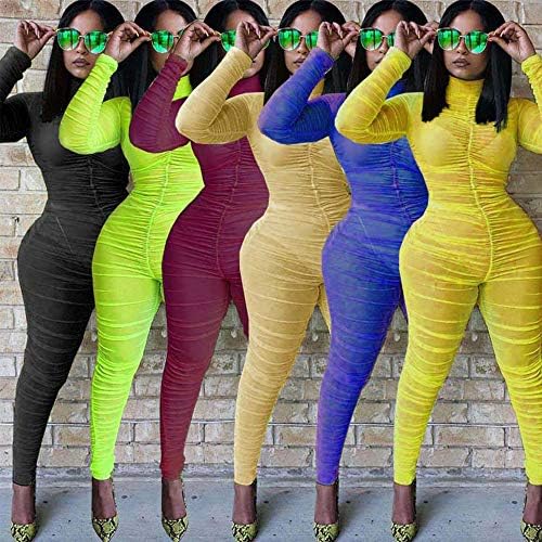 JOYOUSNESS One-Piece Outfits Mesh Sheer Bodycon Jumpsuit Long Sleeve See Through Party Jumpsuits Perspective Sexy Stretch Nightclub Tight-Fitting Women (???,?)
