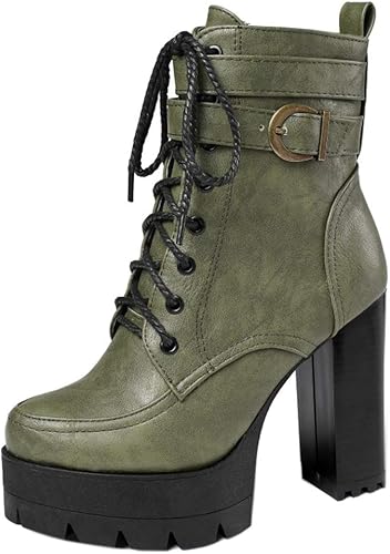 Amazon Aicciaizzi かっこいい 編み上げブーツ レディース ハイヒール 厚底ブーツ ベルト付き ブーツ ブーティ
