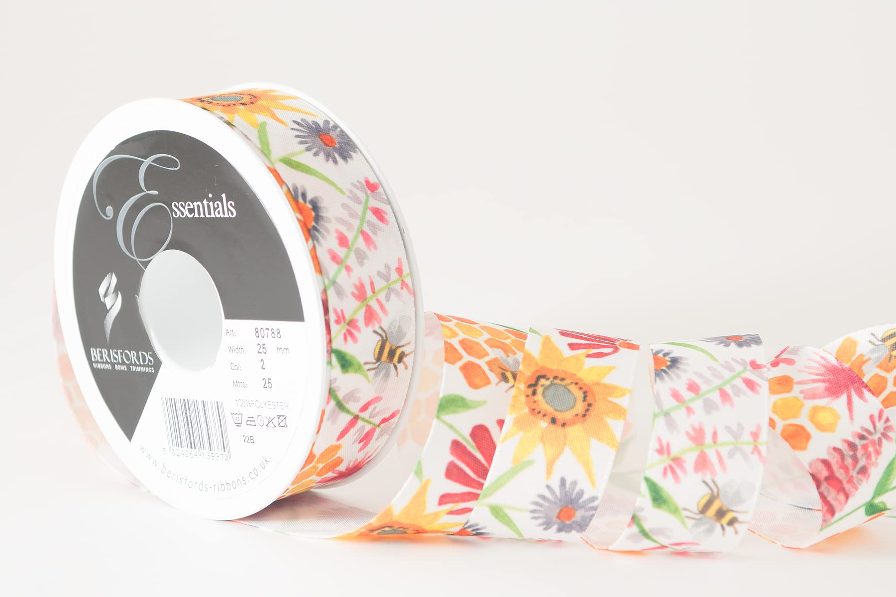 Berisfords Taffeta Spring Patterned Ribbon ‘Meadow’ Multicolour on White 25mm Wide 25m Reel