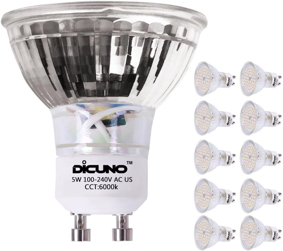 DiCUNO GU10 LED Bulbs 5W Pure White, 6000K, 500lm, 120 Degree Beam Angle, 50W Halogen Bulbs Equivalent, Non-dimmable MR16 LED Light Bulbs, 10-Pack