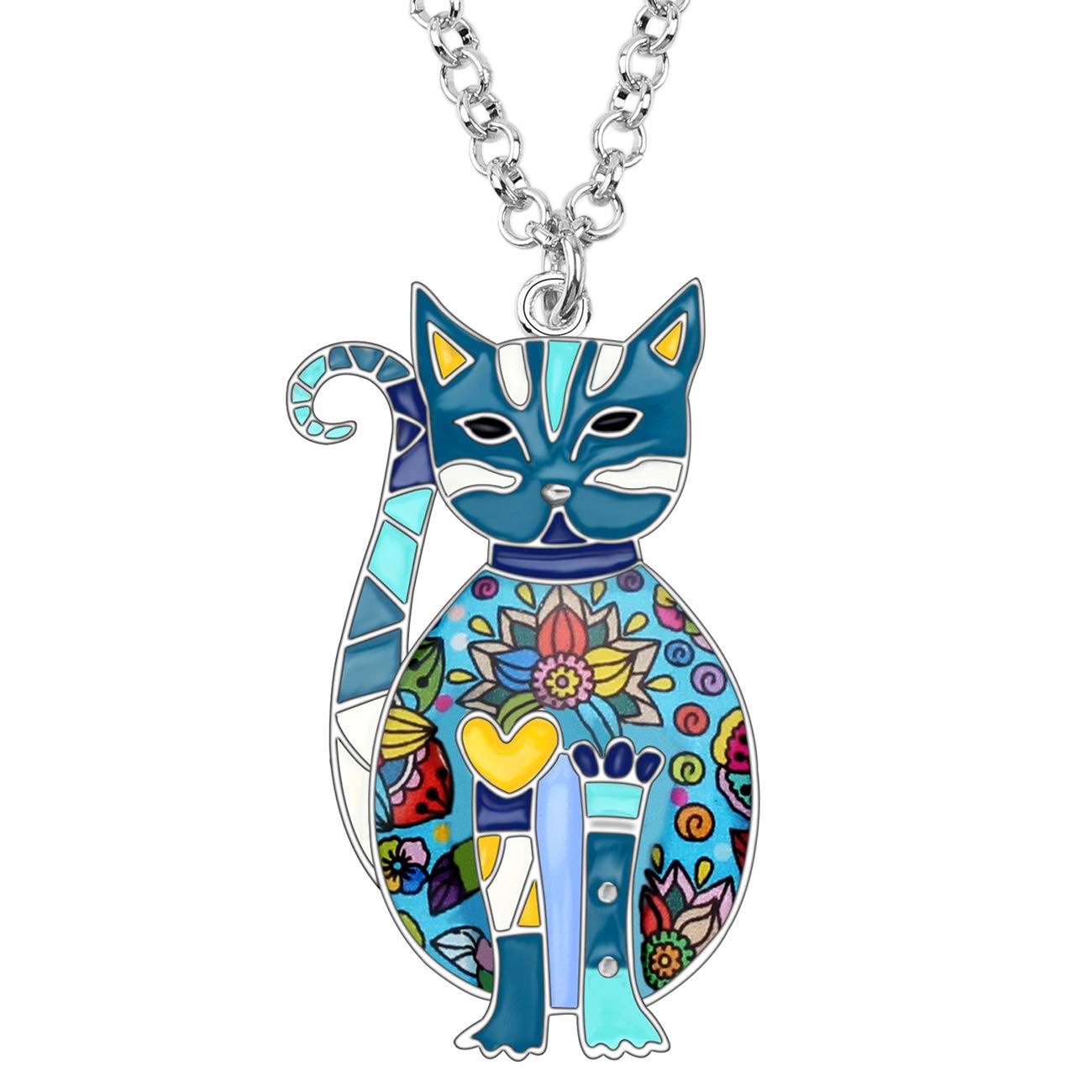 NEWEI Enamel Sitting Kitten Cat Necklace Pendant Floral Cat Jewelry Gifts for Women Girls (Blue)