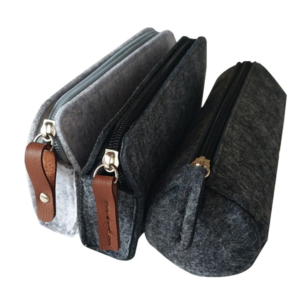 SIPLIV Classic Felt Bag Pen/Pencil/Stationery Pouch Cosmetic Case, 2 Black and one Gray, Set of 3