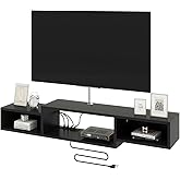 IBUYKE 59" Floating TV Stand Wall Mounted with Power Outlet,Wood Wall Mounted Media Console Shelf,Floating Entertainment Center for Under TV Storage for Living Room Bedroom Office,Black WST007B